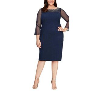 NEW! ALEX EVENINGS Sheath Crepe Dress Beaded Illusion Bell Sleeve Blue SZ 14P
